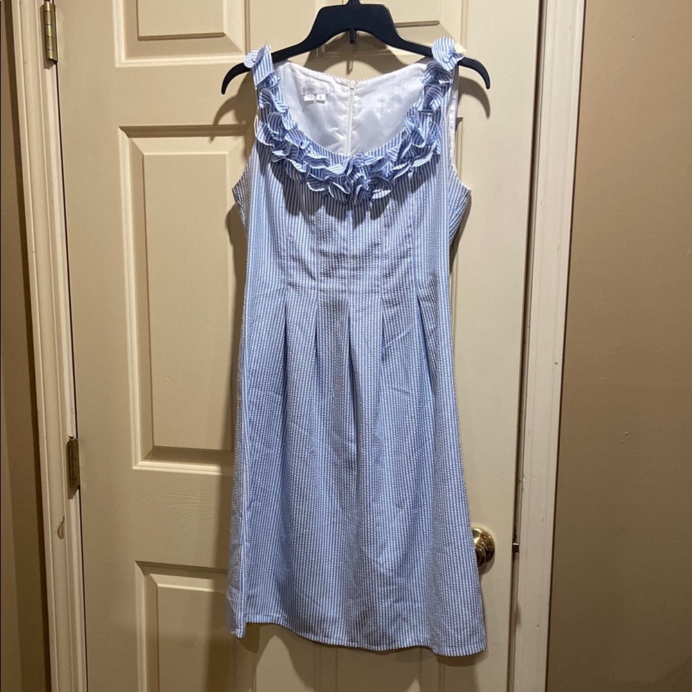 Blue and White Striped Ruffle Dress
